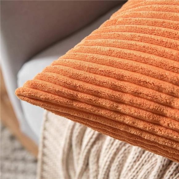 Pack of 2 Fall Orange Pillow Covers 18x18 Inch Soft Boho Striped Corduroy Throw - Picture 3 of 6